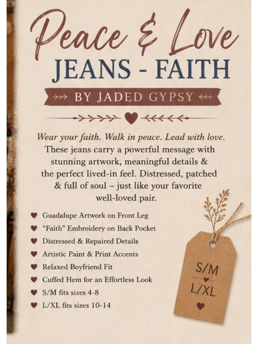 Jaded Gypsy PEACE & LOVE JEANS- FAITH

S/M & L/XL - Picture 5 of 6
